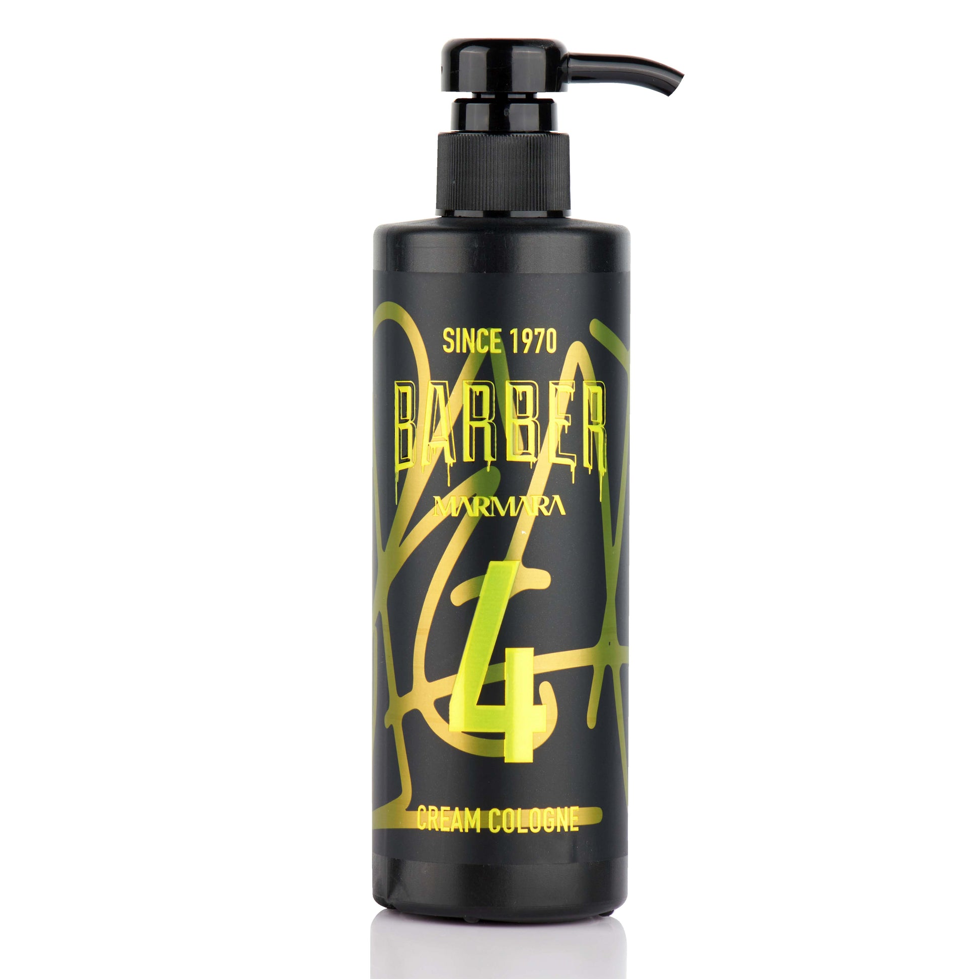 A black bottle of Barber Cream Cologne with a pump dispenser, featuring yellow and gold text indicating the fragrance number '4' and the brand name.